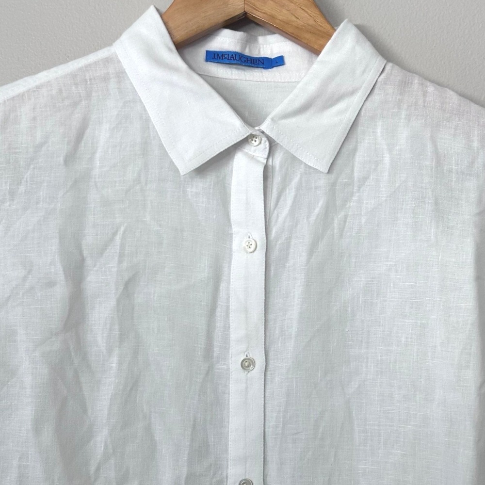 J.McLaughlin Shirt Womens L White 100% Linen Button Down High Low Curved Relaxed